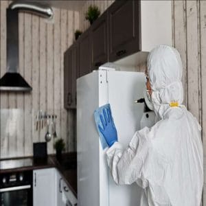 this is a photo of professional cleaner wearing PPE kit